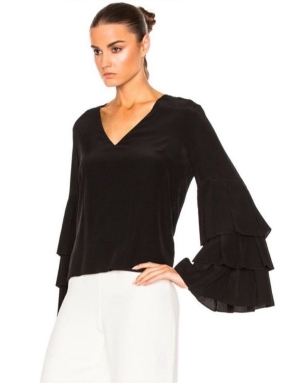 Alexis Black Silk V-Neck Blouse Tiered Layered Bell Sleeves|Size M | Retail $384 - Picture 2 of 9